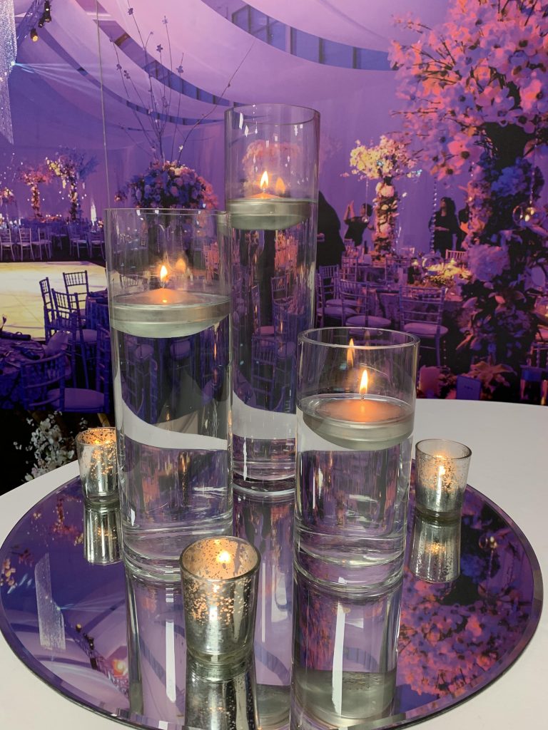 Cylinder Trio Vase Centerpiece with large floating candles Event Hire